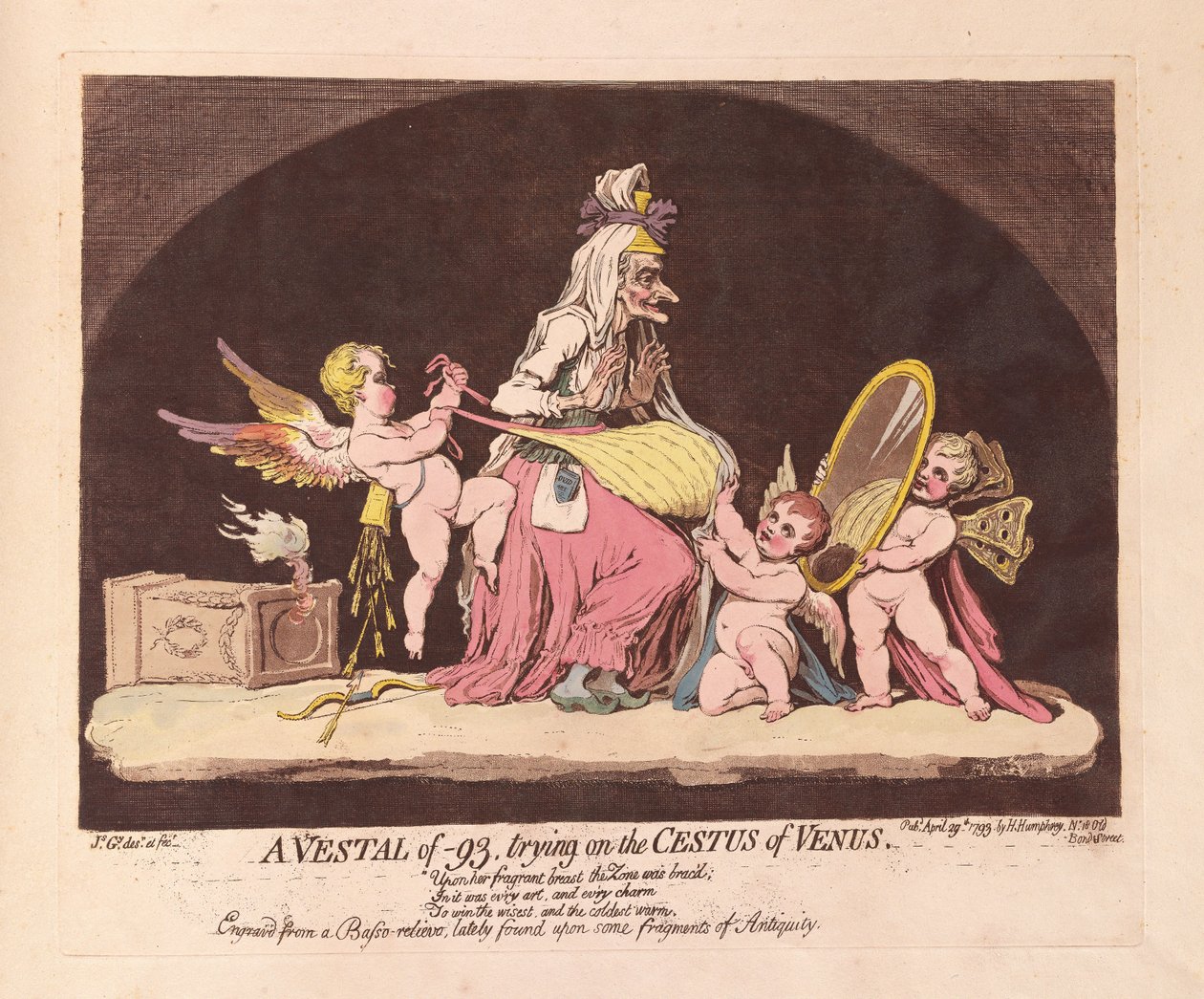 -93のヴェスタル、金星のセスタス、パブで試着。 1793年（手描きの彫刻） 作： ジェームズ・ギルレイ