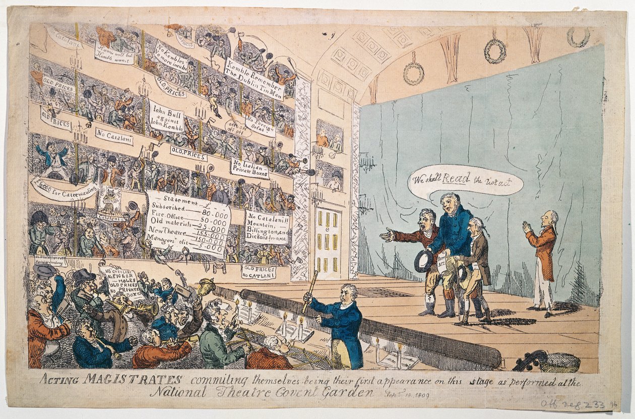 1809年に出版された国立劇場コヴェントガーデンでの演技としての初登場である行政官代行（手描きのエッチング） 作： ジェームズ・ギルレイ