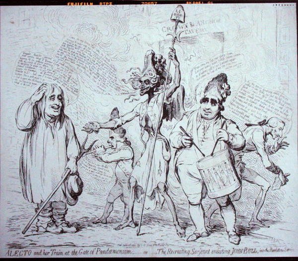 1791年にS.W.Foresによって出版された『パンデモニウムの門のアレクトとその列車』、または『ジョン・ブルを革命軍に入隊させる徴兵軍人』（エッチング） 作： ジェームズ・ギルレイ
