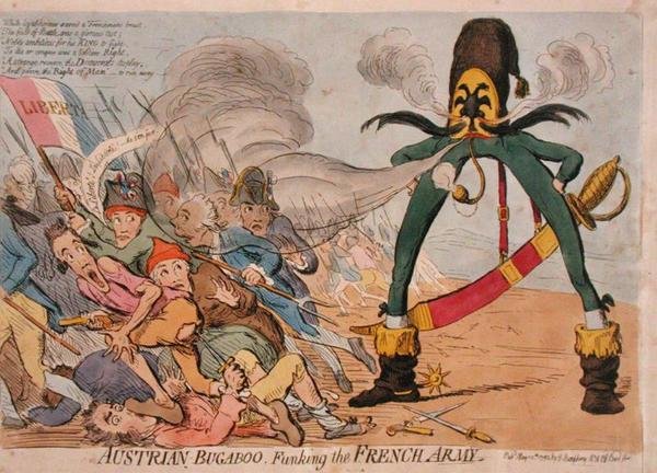 ハンナ・ハンフリーが1795年に出版した「フランス軍を葬ったオーストリアのバガブー」（手彩色のエッチング） 作： ジェームズ・ギルレイ