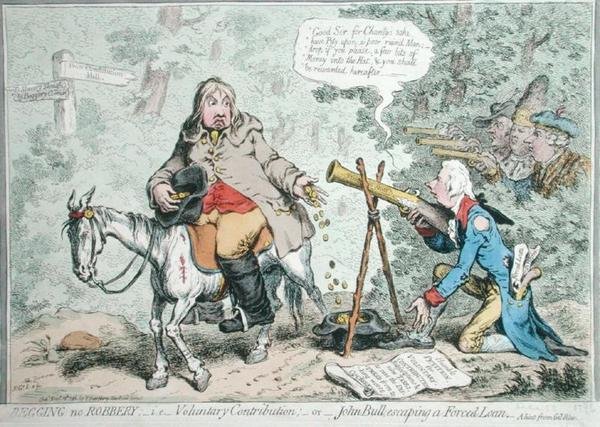 ハンナ・ハンフリーが1796年に出版した「物乞いのない強盗：自発的な寄付、または強制的な融資から逃れるジョン・ブル」（手彩色のエッチング） 作： ジェームズ・ギルレイ