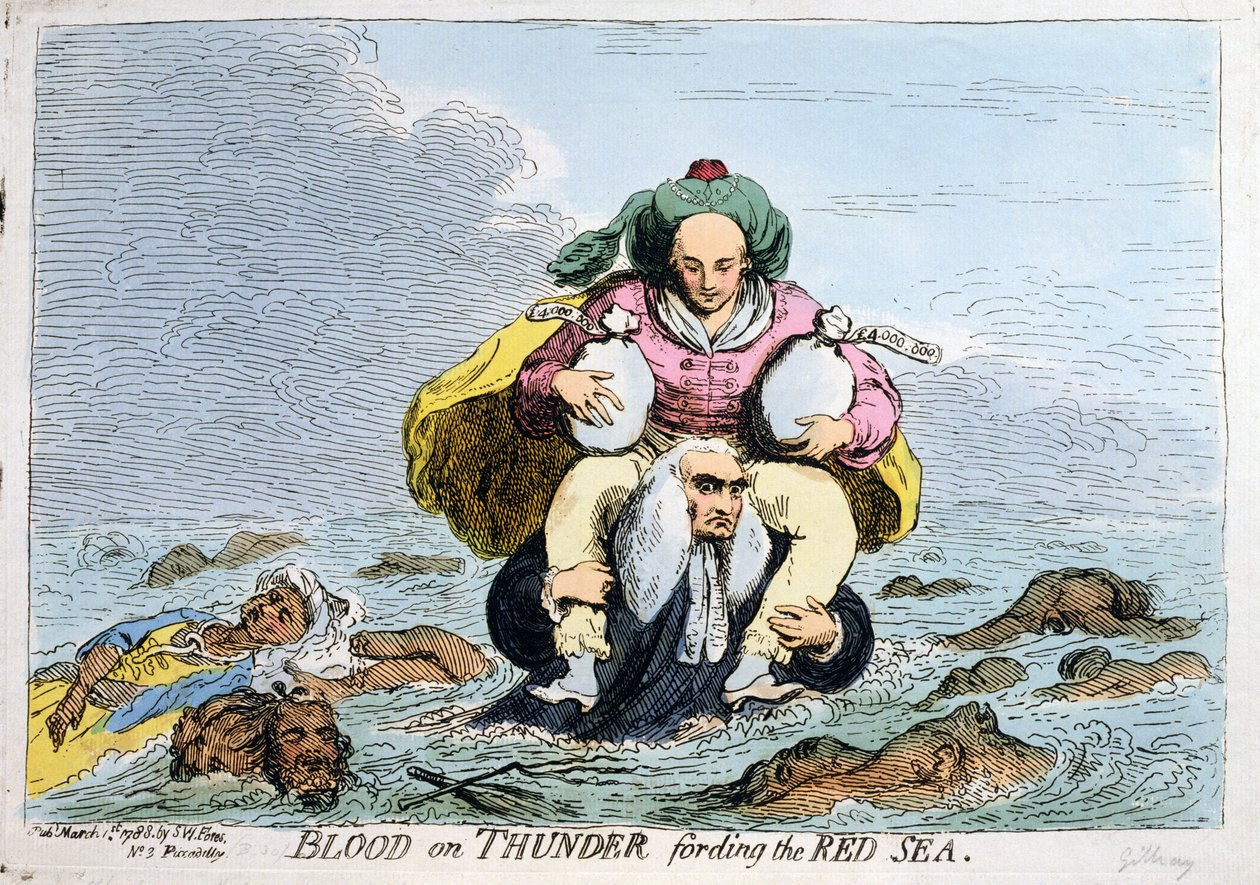 1788年にS.W.フォレスによって出版された「紅海を渡るサンダーの血」（手彩色銅版画） 作： ジェームズ・ギルレイ