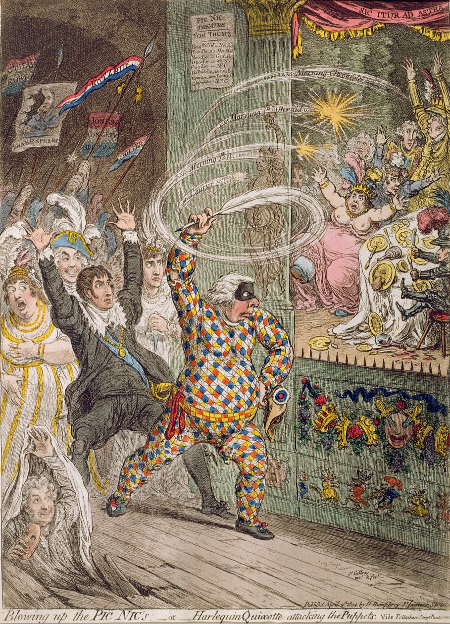 1802年にハンナハンフリーによって出版された、Pic Nicの爆破、または人形を攻撃するHarlequin Quixotte（アクアチントを使った手描きのエッチング） 作： ジェームズ・ギルレイ