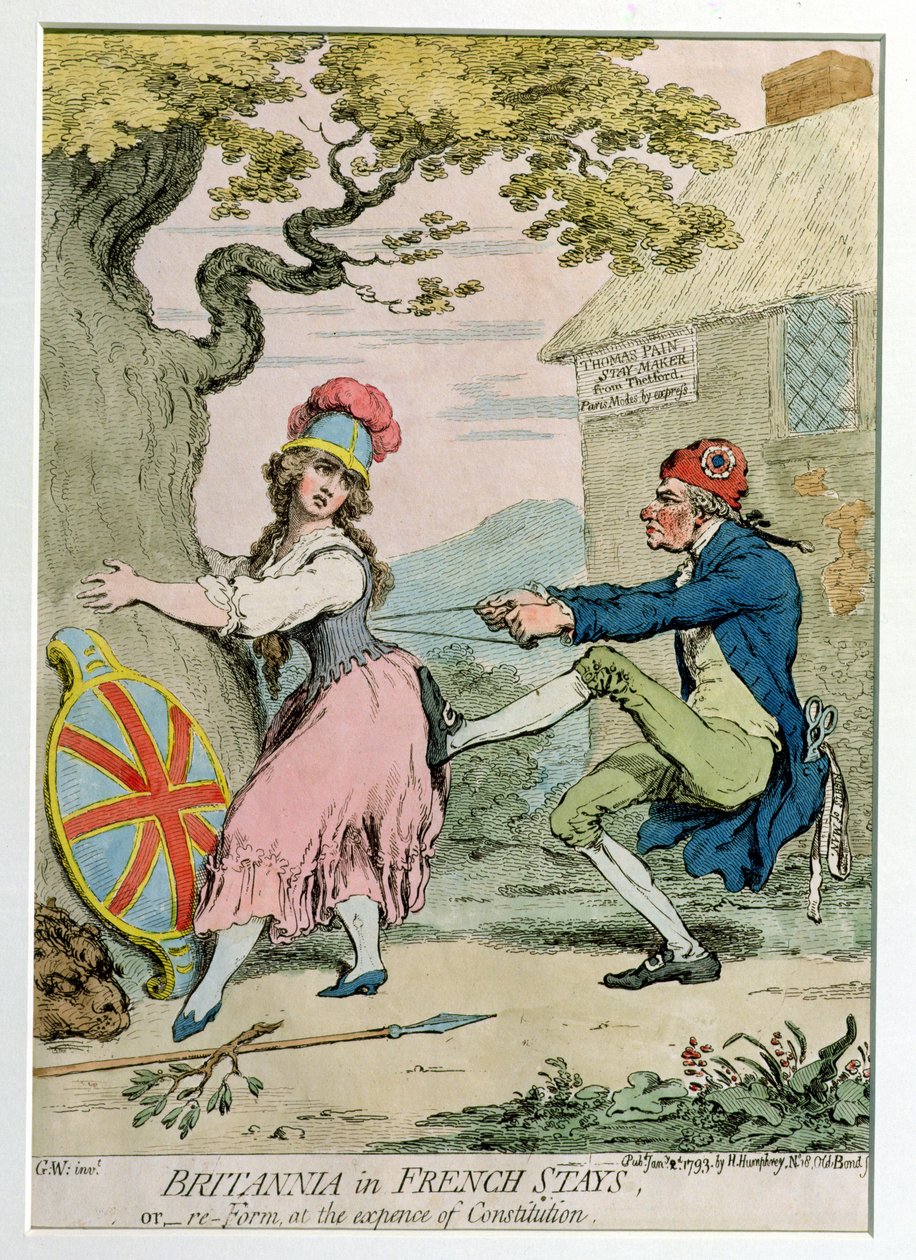 1793年にハンナハンフリーによって発行された、フランス滞在中のブリタニア、または憲法上の費用での再編成（手描きのエッチング） 作： ジェームズ・ギルレイ