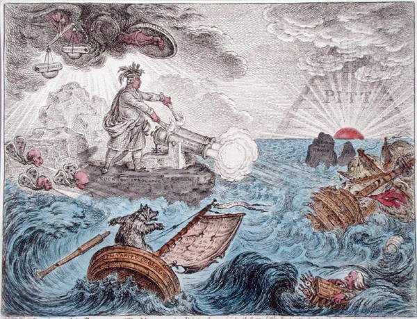 ハンナ・ハンフリーが1806年に出版した「Bruin in his Boat, or The Manager in Distress」（手彩色のエッチング）。 作： ジェームズ・ギルレイ