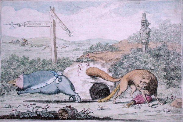 1782年にウィリアム・ハンフリーが出版した『Changing Places, or Fox stinking the Badger out of his Nest』（手彩色の銅版画）。 作： ジェームズ・ギルレイ
