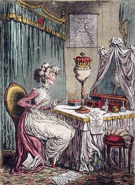 ハンナ・ハンフリーが1807年に出版した「冠の熟考」（アクアチントを施した手彩色のエッチング画） 作： ジェームズ・ギルレイ