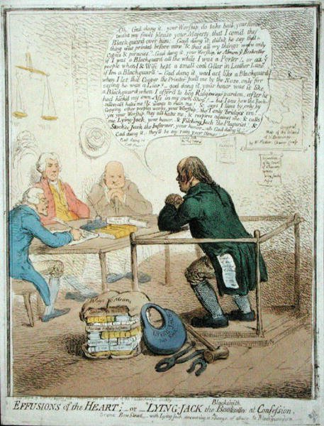 1795年にハンナ・ハンフリーがフィランソロピー協会のために出版した「心の吐露、または告白する鍛冶屋のジャック」（手彩色エッチング）。 作： ジェームズ・ギルレイ