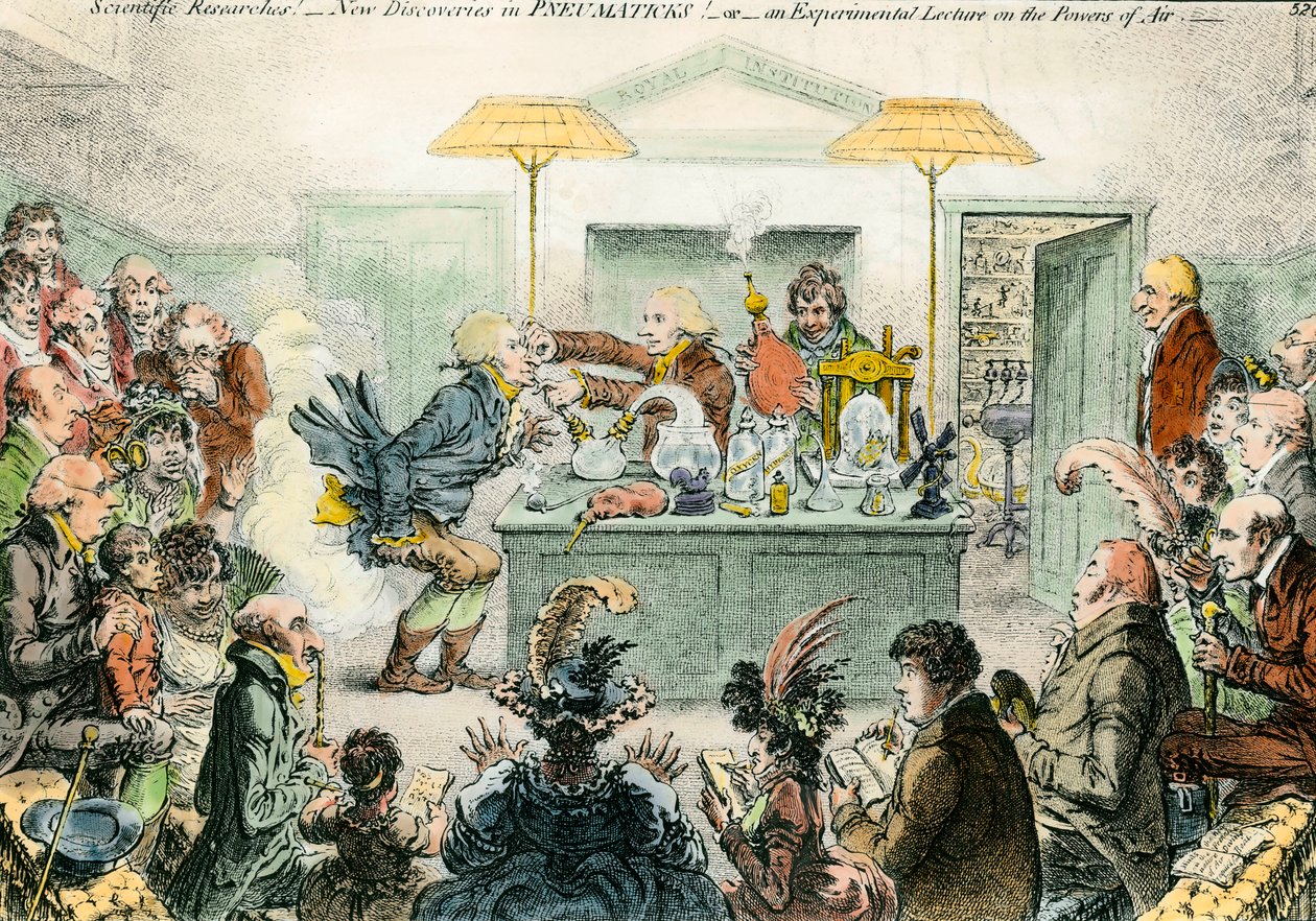 Gillray Observed　James Gillray　ジェームズギルレイ 科学に関する英語の風刺：空気材料の新発見。19世紀の科学会議の