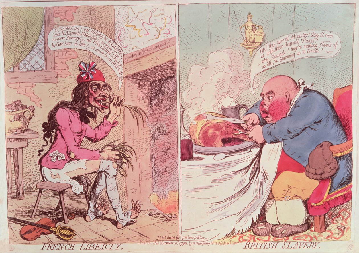フランスの自由：イギリスの奴隷制、1789年頃、風刺漫画 作： ジェームズ・ギルレイ