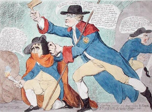 王と貴族院を破壊しようとして発見されたガイ・ヴォー、ハンナ・ハンフリーが1791年に出版（手彩色のエッチング） 作： ジェームズ・ギルレイ