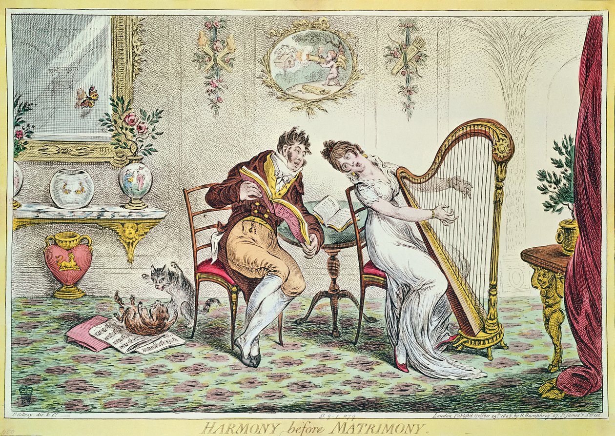 結婚前のハーモニー、1805年（カラー彫刻） 作： ジェームズ・ギルレイ