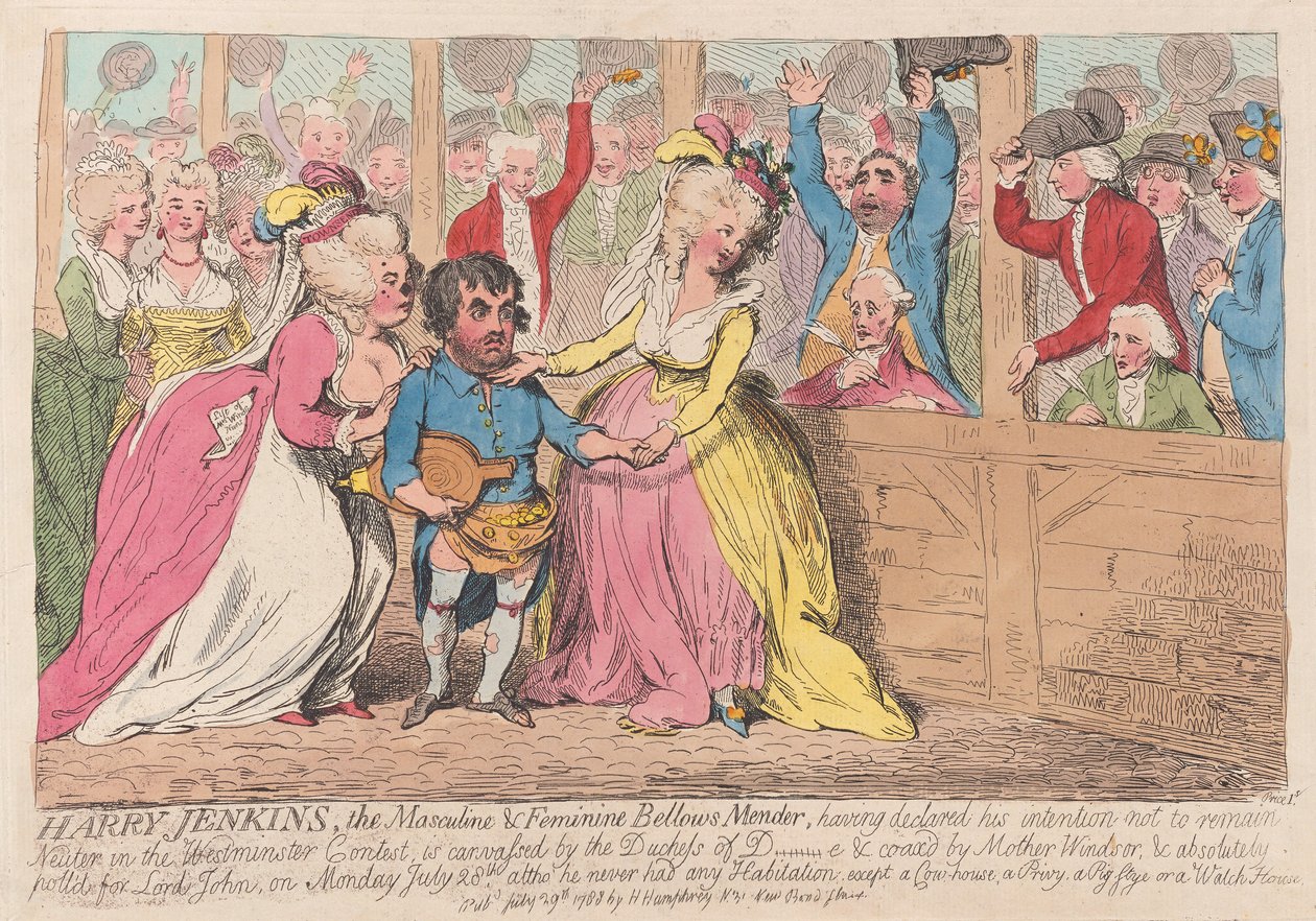 ハリージェンキンス、男性と女性のベローズメンダー、パブ。 1788（手彫り彫刻） 作： ジェームズ・ギルレイ