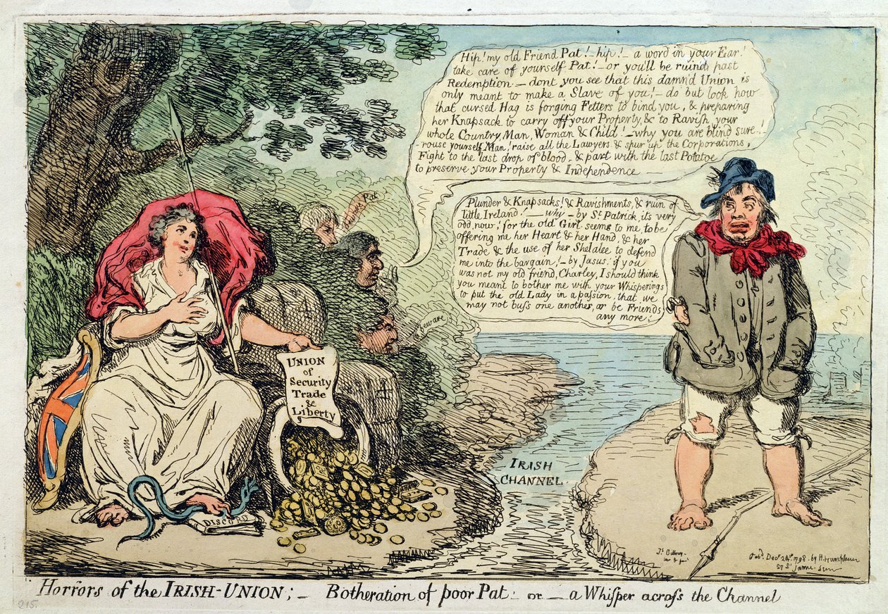 アイルランド連合の恐怖：1798年にハンナハンフリーによって発行された、貧しいパットの苦悩、またはチャネルを横切るウィスパー（手描きのエッチング） 作： ジェームズ・ギルレイ