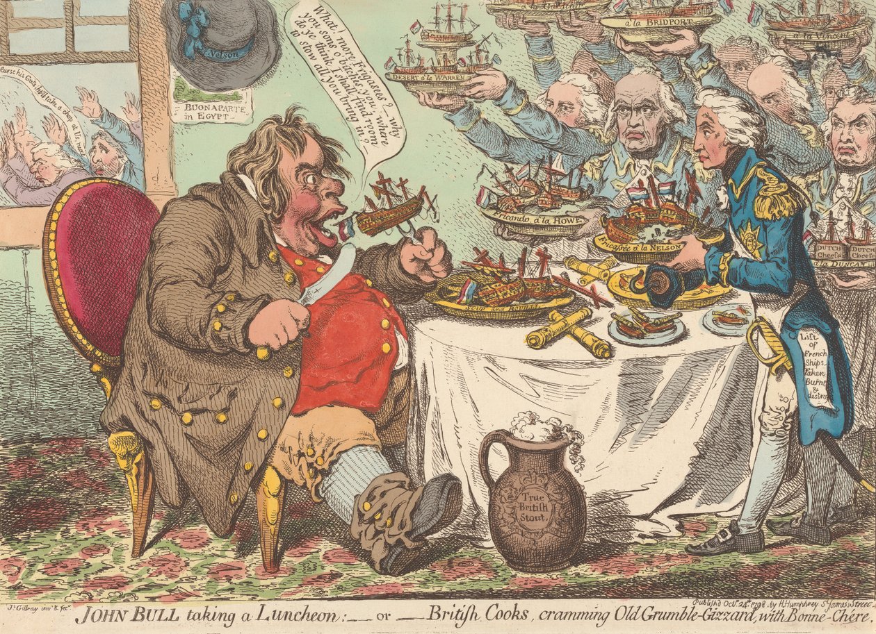 ジョン・ブルの昼食 - または - イギリスの料理人たちが老いた不平胃袋にごちそうを詰め込む（『カリカチュア』第1巻より） 作： ジェームズ・ギルレイ