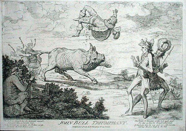 1780年にウィリアム・ハンフリーが出版した「ジョン・ブルの凱旋」（エッチング） 作： ジェームズ・ギルレイ