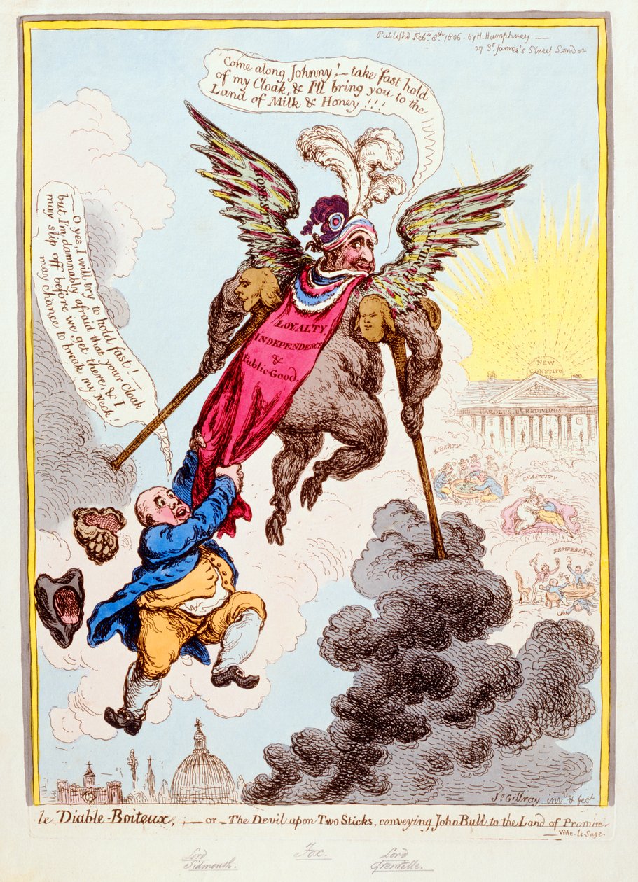 Le Diable-Boiteux、またはジョン・ブルを約束の地に運ぶ2本の棒に乗った悪魔、1806年にハンナ・ハンフリーから出版（手描きのエッチング） 作： ジェームズ・ギルレイ