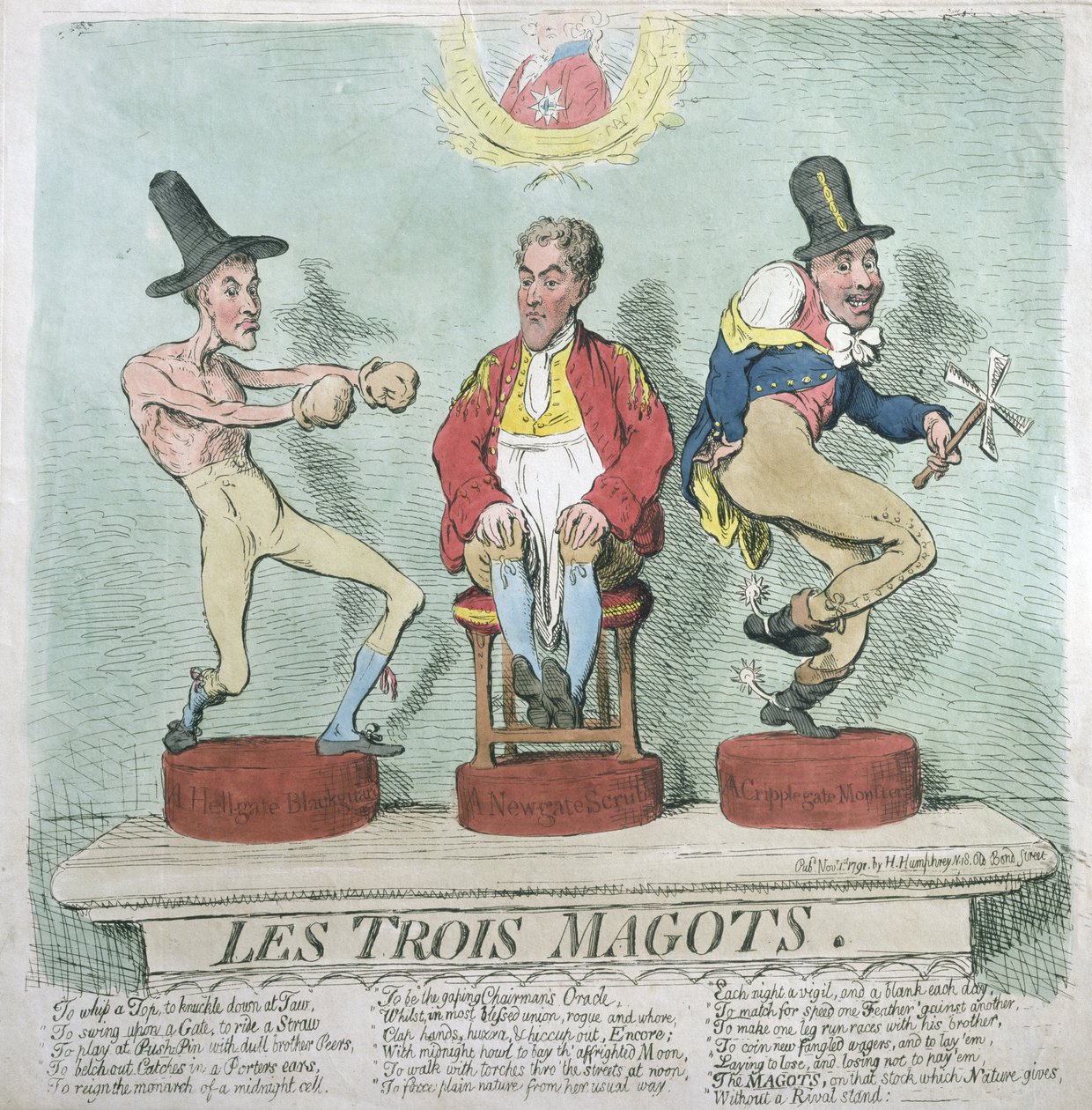 Les Trois Magots、1791年にHannah Humphreyによって発行された（手描きのエッチング） 作： ジェームズ・ギルレイ