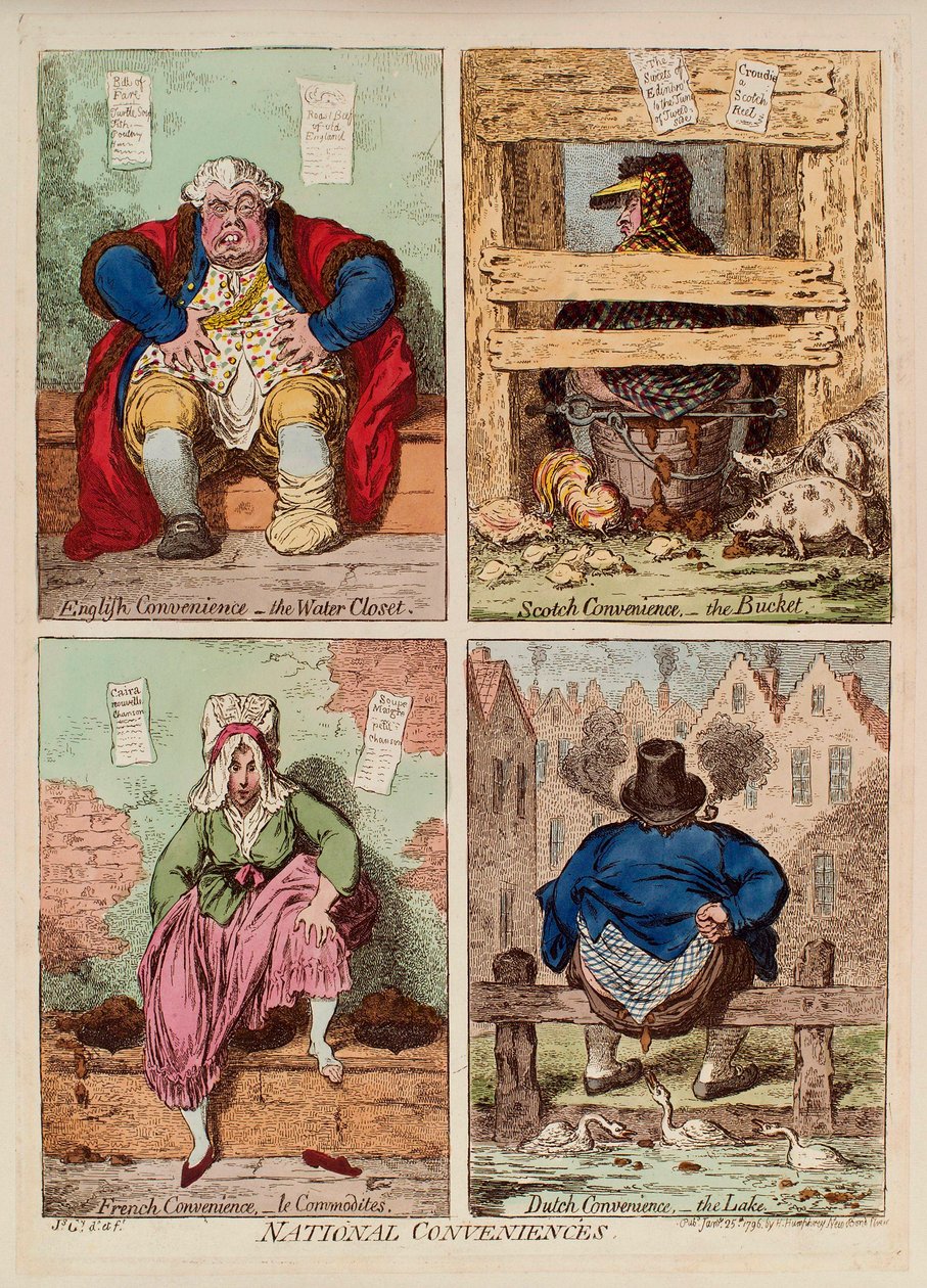 国産品。 (イングランド、スコットランド、フランス、オランダのトイレの説明と比較)。 James Gillray (1757-1815) の作品、版画と水彩 作： ジェームズ・ギルレイ