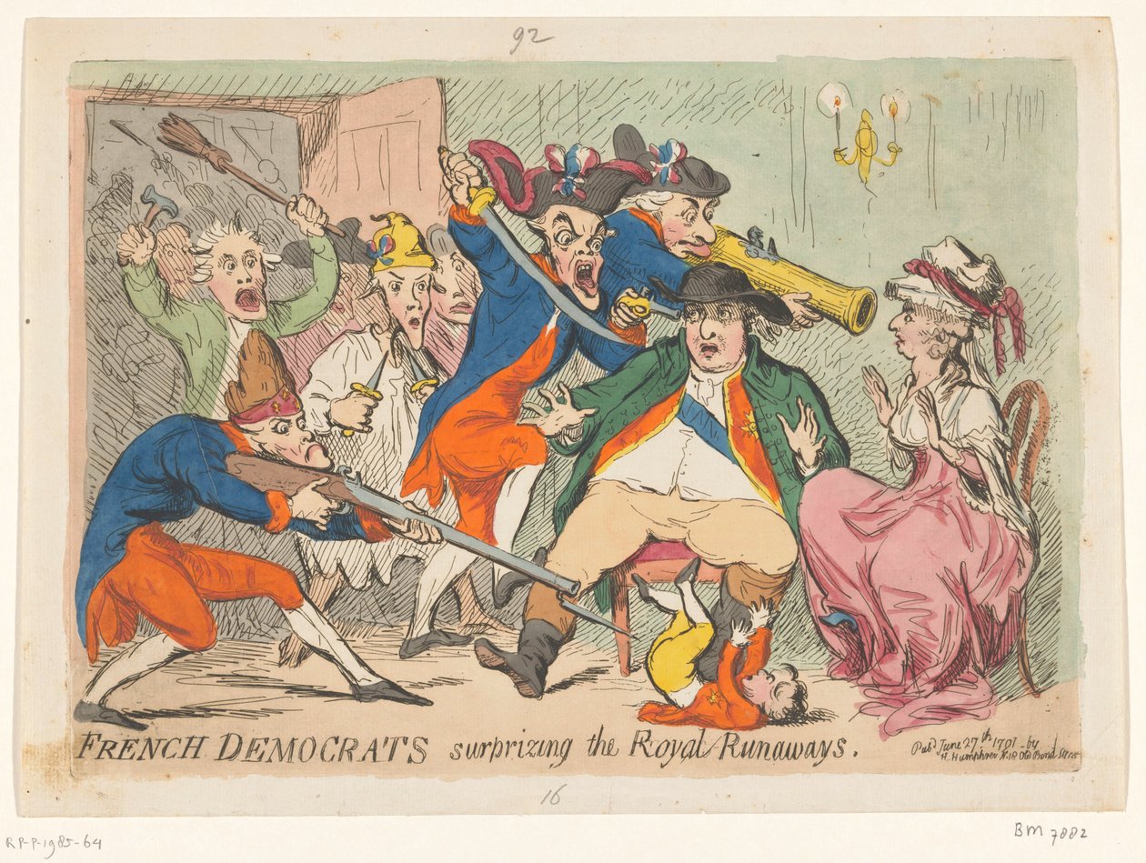 飛行中に捕まったルイ16世とマリー・アントワネット、1791年 Royal Runawaysを驚かせたフランスの民主党員 作： ジェームズ・ギルレイ