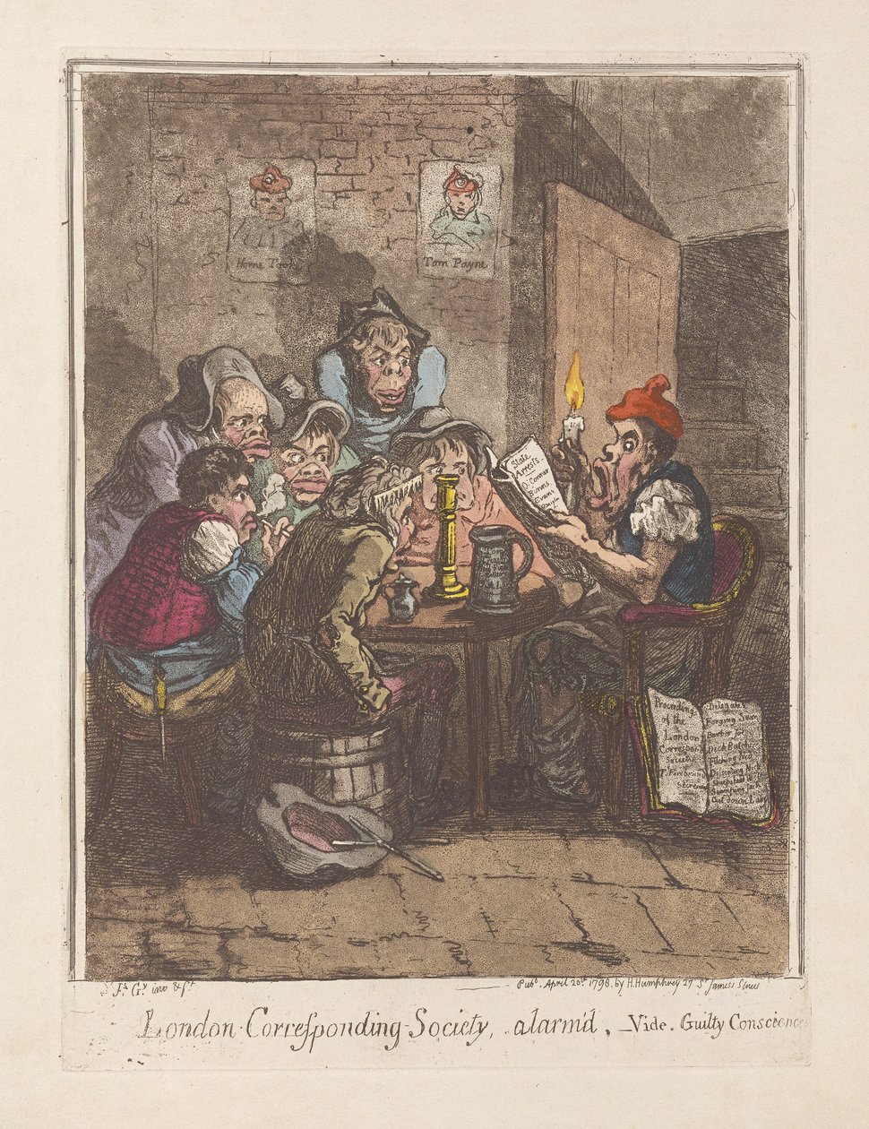 ロンドン通信学会、驚いて、見よ。ギルティ良心、パブ。 1796年（手描きの彫刻） 作： ジェームズ・ギルレイ