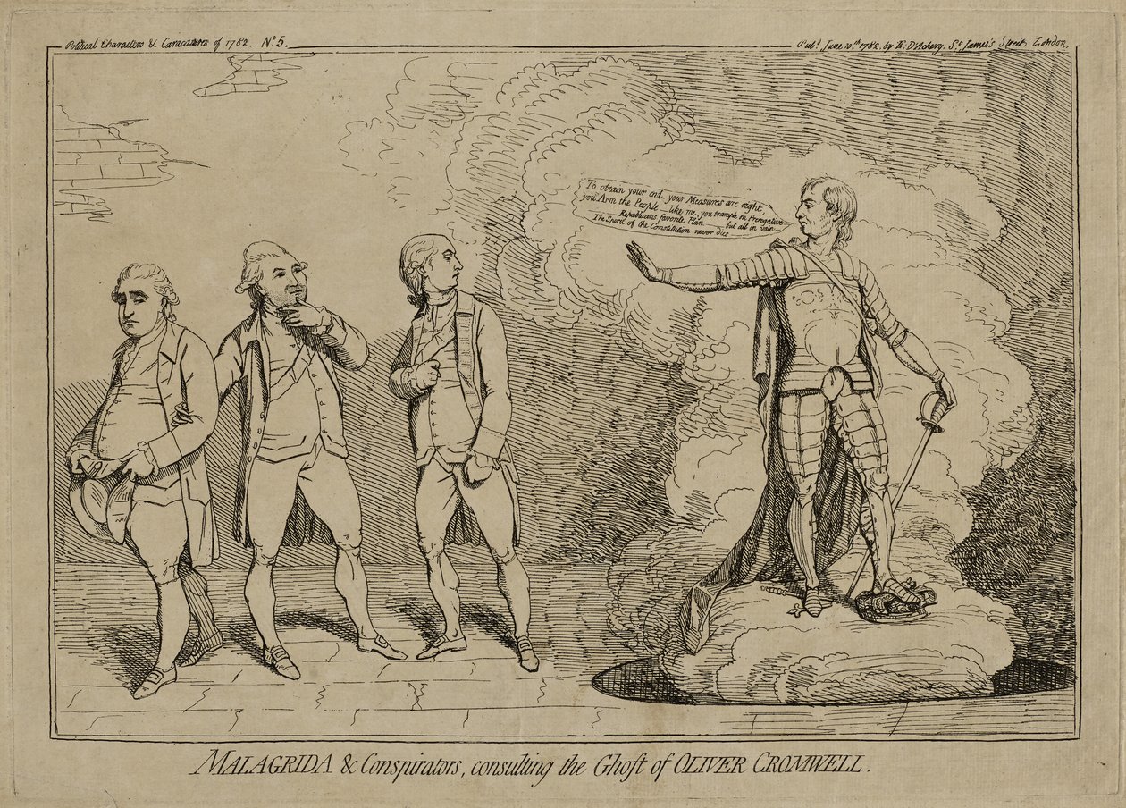 1782年6月10日公開の「Malagrida and Conspirators、Consulting the Ghost of Oliver Cromwell」（6月10日公開） 作： ジェームズ・ギルレイ