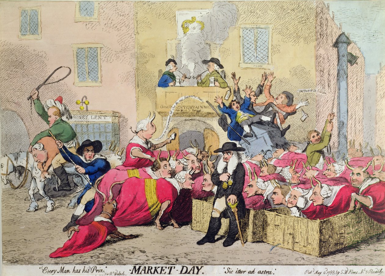 1788年にS.W.Foresが出版した「Market Day」（手彩色のエッチング）。 作： ジェームズ・ギルレイ