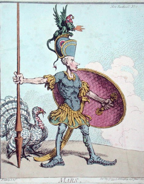 ハンナ・ハンフリーが1799年に出版した「ニュー・パンテオン」に掲載された火星（手彩色の銅版画） 作： ジェームズ・ギルレイ