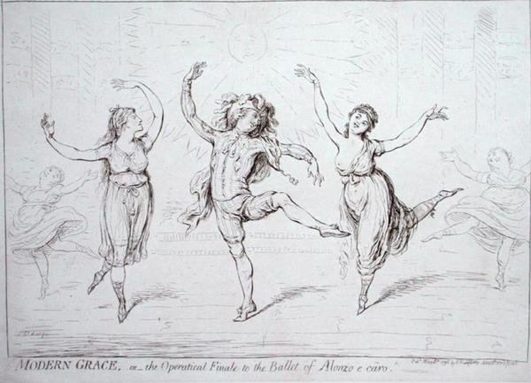 ハンナ・ハンフリーが1796年に出版した「Modern Grace, or the Operatical Finale to the Ballet of Alonzo e caro」(紙にペンとインク) 作： ジェームズ・ギルレイ