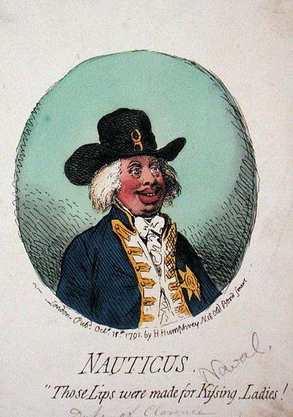 1791年にハンナ・ハンフリーが出版した「Nauticus」または「Those Lips were made for Kissing Ladies」（手彩色エッチング）。 作： ジェームズ・ギルレイ