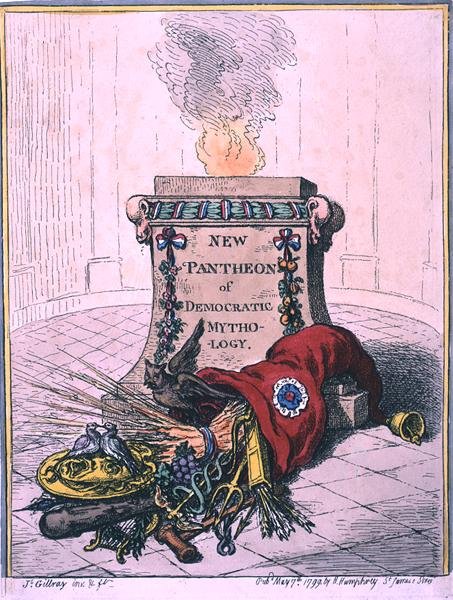 ハンナ・ハンフリーが1799年に出版した「New Pantheon of Democratic Mythology」（手彩色エッチング）。 作： ジェームズ・ギルレイ