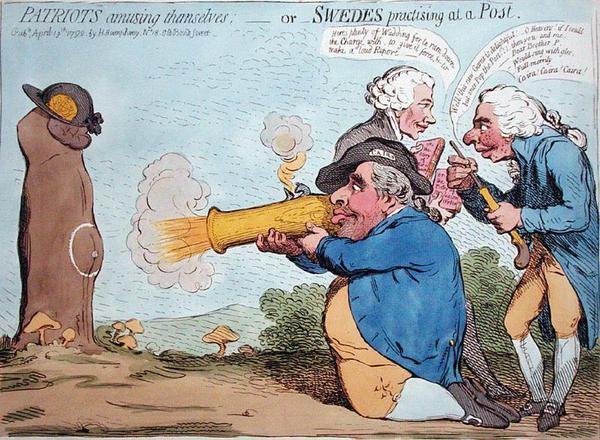 1792年にハンナ・ハンフリーが出版した「Patriots amusing themselves, or Swedes practising at a Post」（手彩色エッチング）。 作： ジェームズ・ギルレイ