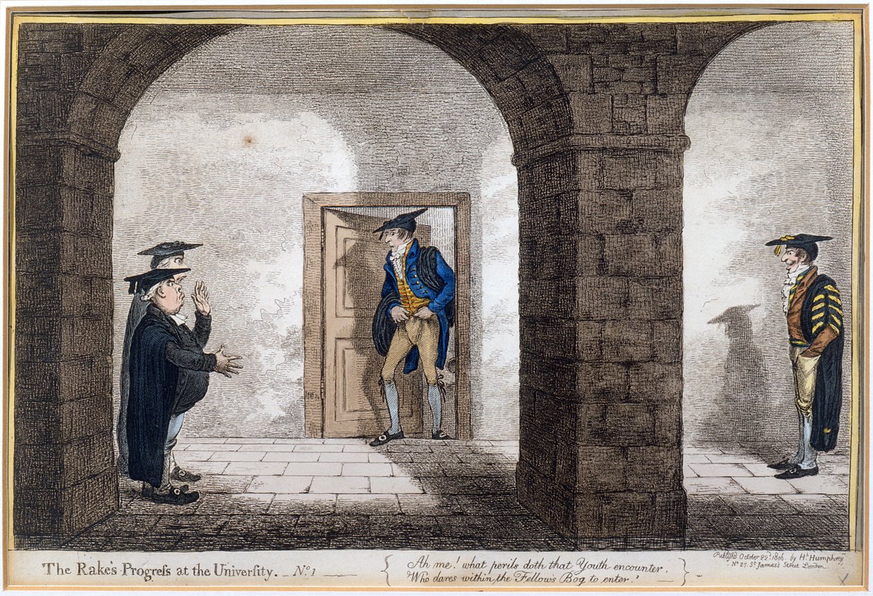 1806年にハンナハンフリーによって発行された「The Rake&39;s Progress in the University」のプレート1（手塗りのエッチング） 作： ジェームズ・ギルレイ