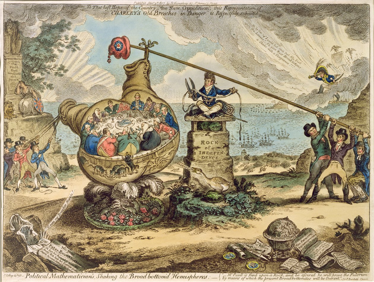 1807年にHannah Humphreyによって出版されたBroadbottom&39;d半球を振る政治数学者（エッチングと彫刻） 作： ジェームズ・ギルレイ