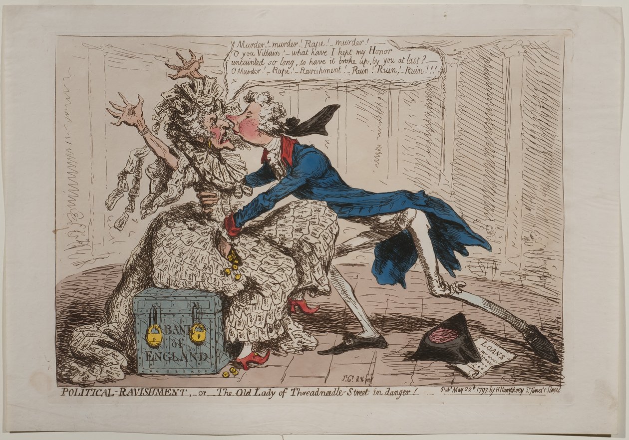 政治的暴動、または危険にさらされているThreadneedle Streetの老婦人！、Hannah Humphreyにより発行、1797年（手描きのエッチング） 作： ジェームズ・ギルレイ