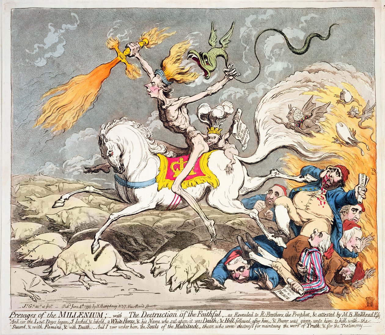 1795年にハンナハンフリーによって発行されたミレニアムの予兆（カラーエッチング、彫刻とアクアチント） 作： ジェームズ・ギルレイ
