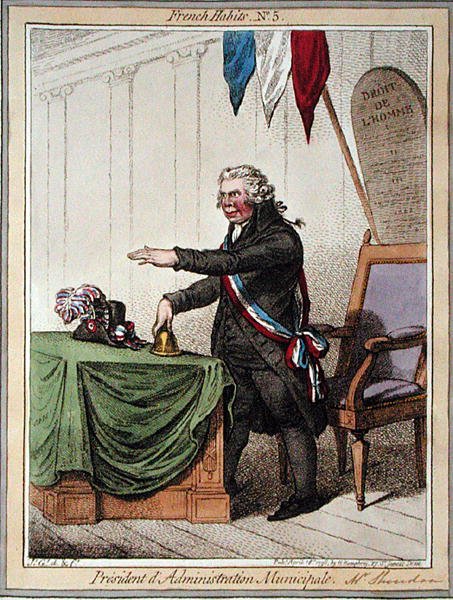 1798年にハンナ・ハンフリーが出版した「フランスの習慣」の第5版「市町村行政長官」（カラーエッチング） 作： ジェームズ・ギルレイ