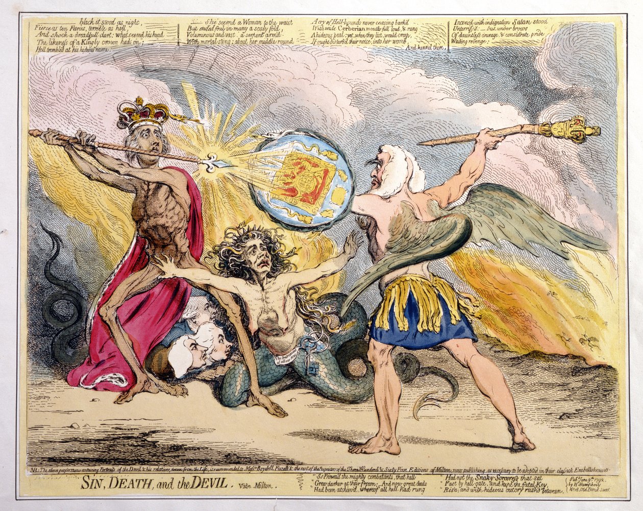 罪と死と悪魔、1792年にハンナハンフリーによって発行された（手描きのエッチング） 作： ジェームズ・ギルレイ