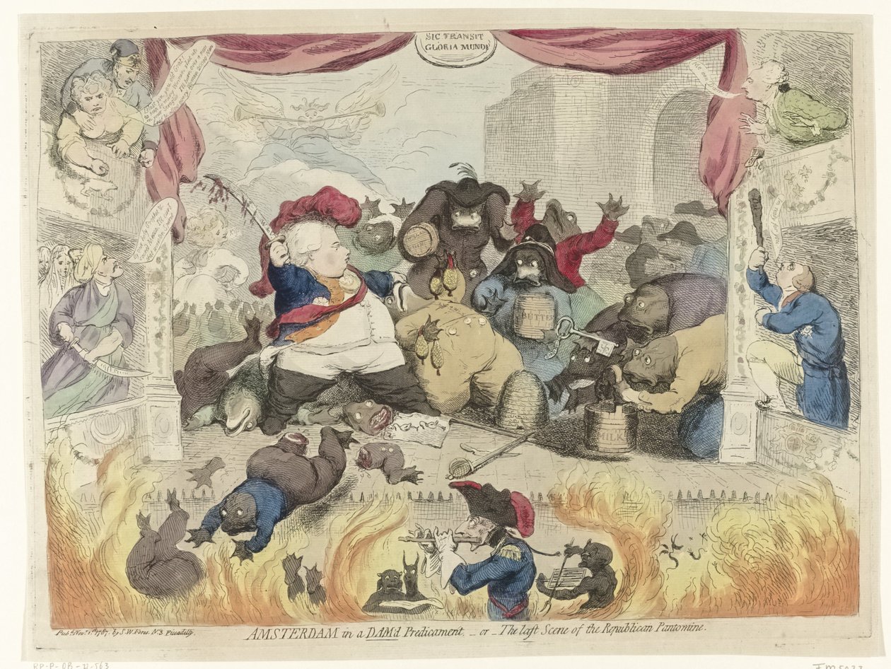 州知事ウィリアム 5 世の回復後の愛国者のパニックに関する漫画、1787 年 窮地に陥ったアムステルダム、または共和党のパントマイムの最後のシーン (オブジェクトのタイトル) 作： ジェームズ・ギルレイ