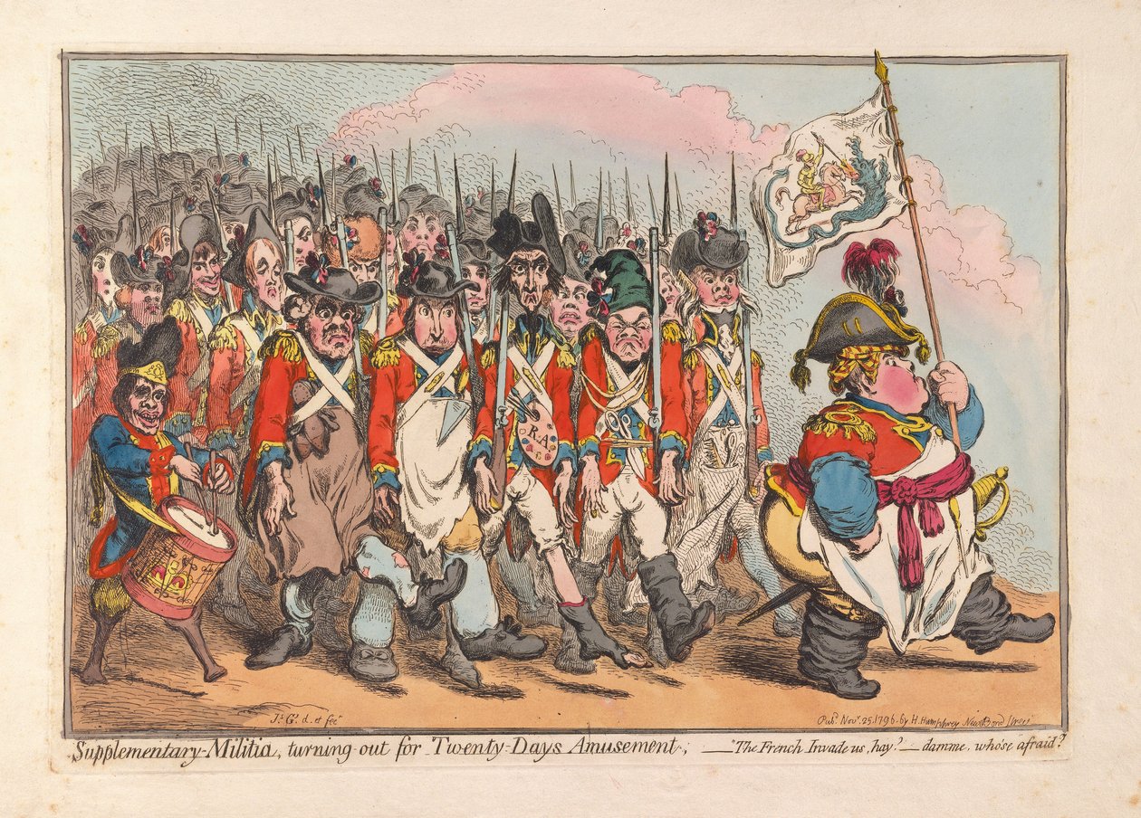 補足の民兵、Twenty Days Amusement、パブ。 1796年（手描きの彫刻） 作： ジェームズ・ギルレイ