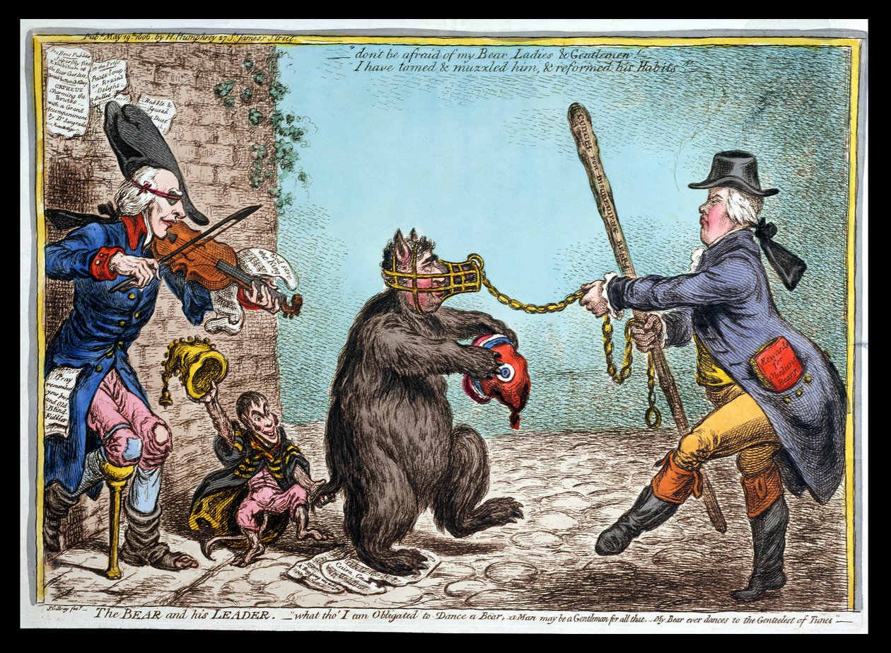 1806年にハンナハンフリーによって出版されたクマと彼の指導者（手描きのエッチング） 作： ジェームズ・ギルレイ