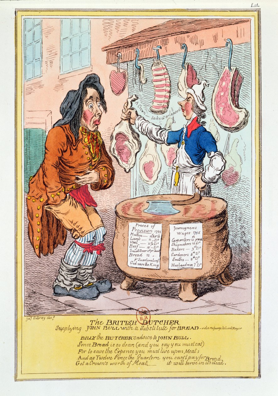 「イギリスの肉屋がジョン・ブルにパンの代わりを提供している」、1795 作： ジェームズ・ギルレイ