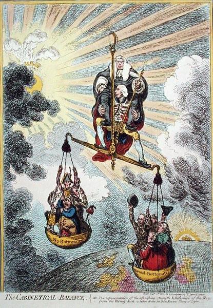 ハンナ・ハンフリーが1806年に出版した「The Cabinetical Balance」（手彩色の銅版画） 作： ジェームズ・ギルレイ