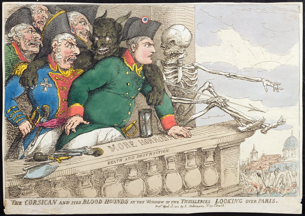 1815年にハンナハンフリーから出版された、コルシカと彼のブラッドハウンド、チュイルリーの窓、パリを見渡して（手描きのエッチング） 作： ジェームズ・ギルレイ