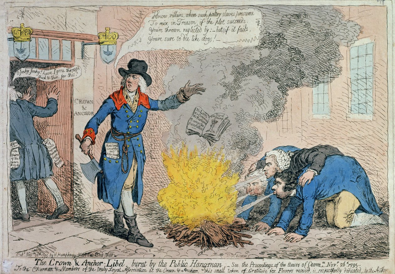 1795年にハンナハンフリーによって出版された公共の絞首刑執行人によって焼かれた王冠とアンカーリーベル（手描きのエッチング） 作： ジェームズ・ギルレイ