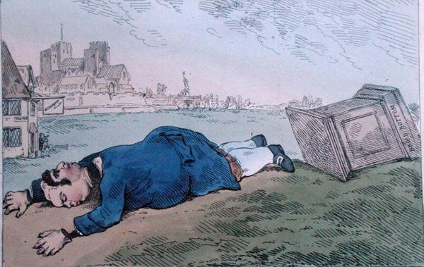 1784年にウィリアム・ハンフリーが出版した「The Fall of Dagon, or Rare News for Leadenhall Street」（手彩色エッチング）。 作： ジェームズ・ギルレイ