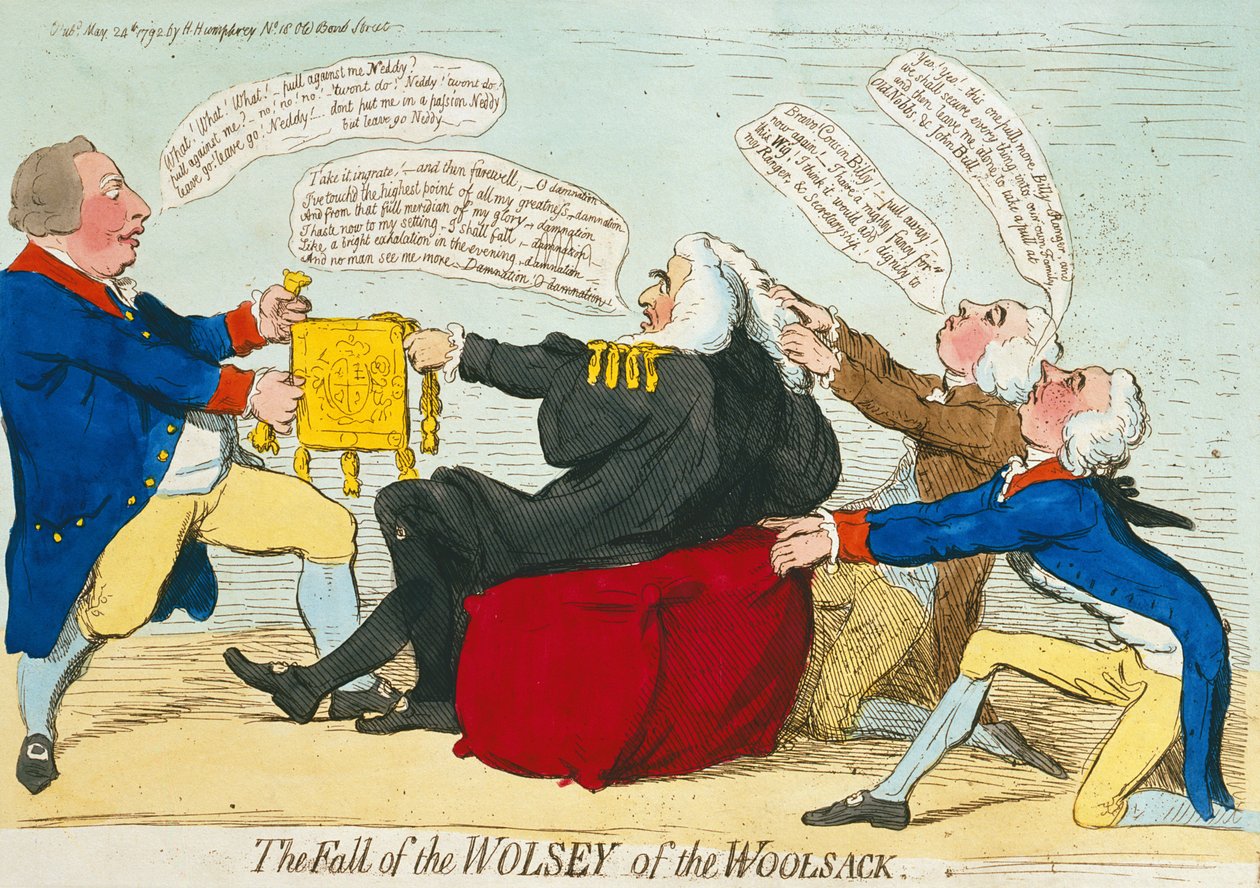 1792年にハンナハンフリーによって出版されたウールサックのウルシーの堕落（手描きのエッチング） 作： ジェームズ・ギルレイ
