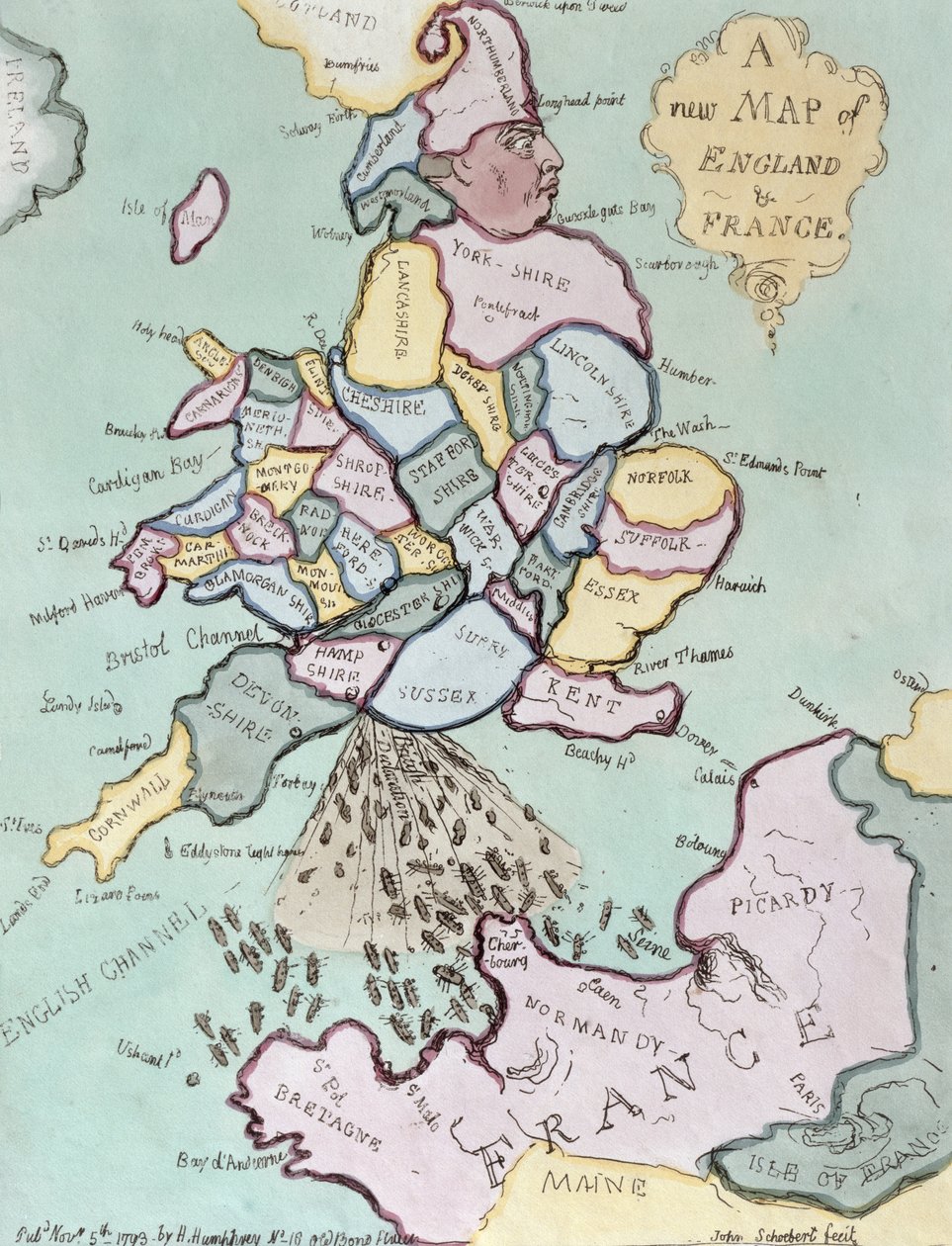 1793年にハンナハンフリーから出版されたフレンチインベージョン、またはジョンブルボンバーディングザバムボートズ（ハンドカラーエッチング） 作： ジェームズ・ギルレイ