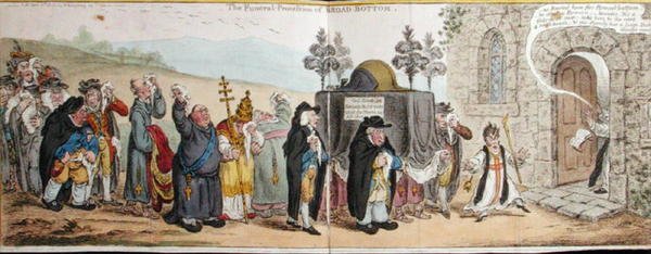 ハンナ・ハンフリーが1807年に出版した「ブロード・ボトムの葬送行列」（手彩色のエッチング） 作： ジェームズ・ギルレイ
