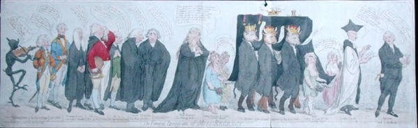 1789年にS.W.Foresが出版した「The Funeral Procession of Miss Regency」（手彩色のエッチング）。 作： ジェームズ・ギルレイ